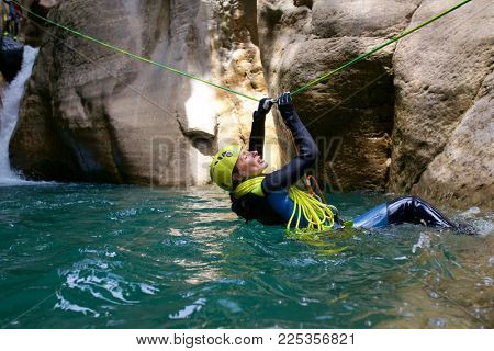 Canyoning in Gorgol Canyon, Tena Valley, Pyrenees, Huesca Province, Aragon, Spain.