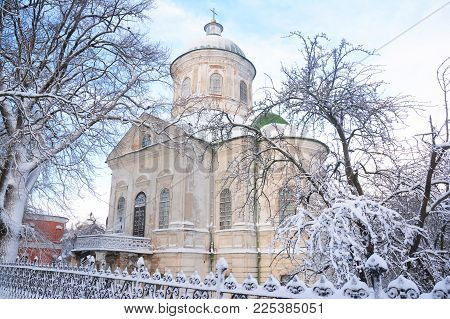 Old Greek Orthodox Church Of St John The Theologian  Coverd Snow In Winter In Nizhyn, Ukraine.