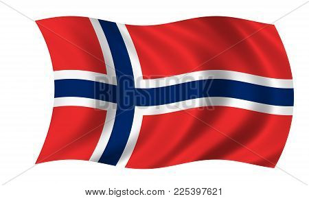 Waving Norwegian Flag In The Colors Blue, White And Red