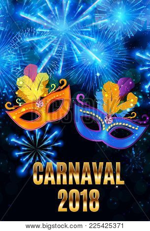 Popular Event Brazil Carnival In South America During Summe.  Background With Party Mask.  Masquerad