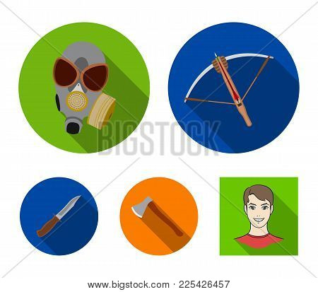 Crossbow, Gas Mask, Ax, Combat Knife. Weapons Set Collection Icons In Flat Style Vector Symbol Stock