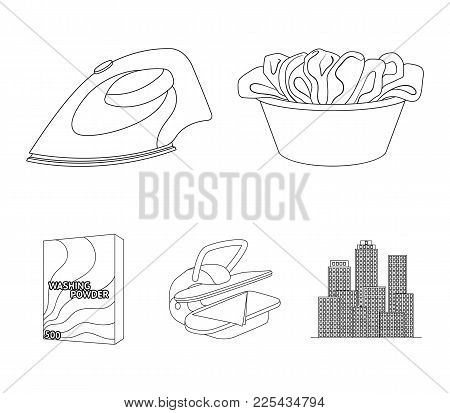 A Bowl With Laundry, Iron, Ironing Press, Washing Powder. Dry Cleaning Set Collection Icons In Outli