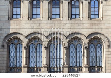 Barcelona,spain-november 1,2017:detail Facade Historic Building Of University, Square, Plaza Univers