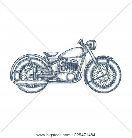 Hand Drawn Vintage Motorcycle Vector Logo Design Template. Bikeshop Or Motorcycle Service Icon. Vect