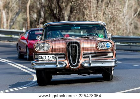 Adelaide, Australia - September 25, 2016: Vintage 1958 Edsel Citation Convertible Driving On Country