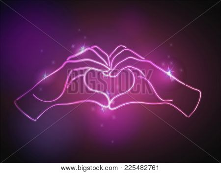Neon Pink Glow Effect Of Love Hand Sign Vector Illustration