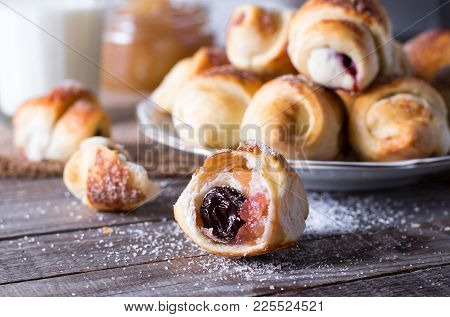 Homemade Rougelah Jam Cookies On Wooden Background - A Traditional European Pastry