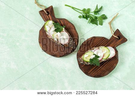 Spring Vitamin Toast From Whole Wheat Bread With Sesame And Poppy Seeds. Toasts Are Spread Defatted 