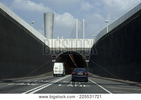 Traffic Entering Dartford Tunnel Crossing River Thames London England