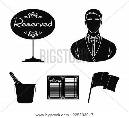 Waiter, Reserve Sign, Menu, Champagne In An Ice Bucket.restaurant Set Collection Icons In Black Styl