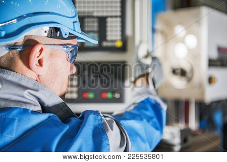 Computer Numerical Control Lathe Machine Operator. Cnc Caucasian Technician.metworking Industry Equi