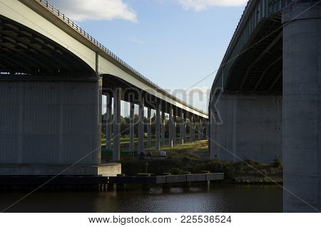 View South Of Thelwall Viaduct And M6 Motorway Crossing Manchester Ship Canal England