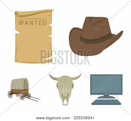 Cowboy Hat, Is Searched, Cart, Bull's Skull. Wild West Set Collection Icons In Cartoon Style Vector 