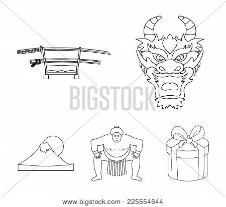 Dragon Mask, Katano, A Man Is A Sumo Player, A Fujiama Mountain.japan Set Collection Icons In Monoch