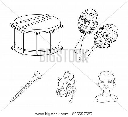 Maracas, Drum, Scottish Bagpipes, Clarinet. Musical Instruments Set Collection Icons In Outline Styl