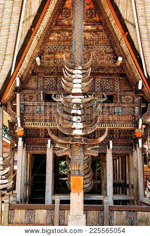 Part Of Tongkonan House With Horns Of Buffaloes And Wood Carving And Paintings, Traditional Torajan 