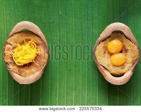 Thai Coconut Custard Pudding Dessert, Maw Gaeng, Topped With Golden Threads, Balls, And Fried Shallo