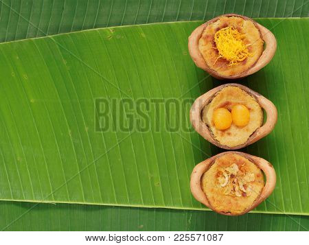 Thai Coconut Custard Pudding Dessert, Maw Gaeng, Topped With Golden Threads, Balls, And Fried Shallo