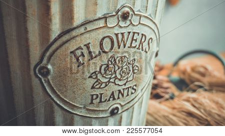 Metal Bucket For Beautiful Flowers. And There Are Metal Plates That Say Flowers And Plants In Front.