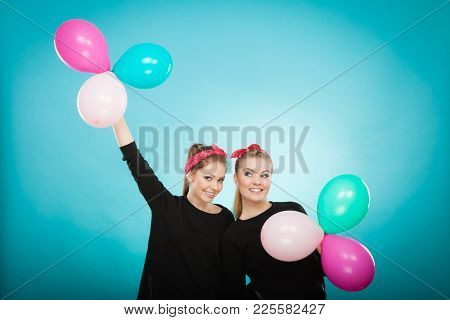 Memory Of Childhood And Forgotten Dreams. Two Cute Lovely Retro Styled Women Behave Like Little Girl