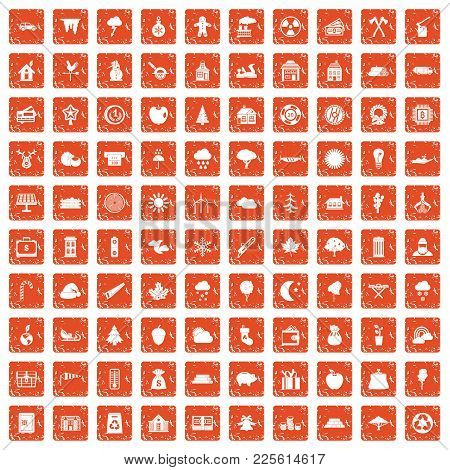 100 Lumberjack Icons Set In Grunge Style Orange Color Isolated On White Background Vector Illustrati