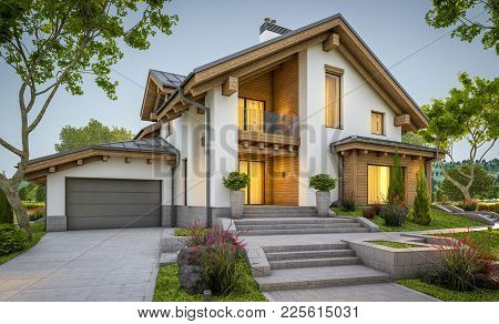 3D Rendering Of Modern Cozy House In Chalet Style