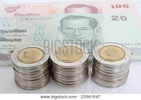 Mnoho mincí a banka v thajštině.