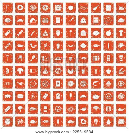 100 Meal Icons Set In Grunge Style Orange Color Isolated On White Background Vector Illustration