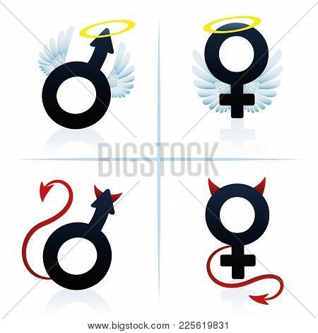 Good And Evil Man And Woman. Male And Female Angel And Devil Symbols. Isolated Vector Illustration O