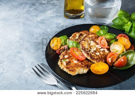 Ricotta Pancakes With Spinach, Tomatoes, Basil And Pine Nuts Sal