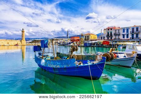 Pictorial colorful Greece series - Rethymnon with old lighthouse and fishing boats, Crete island