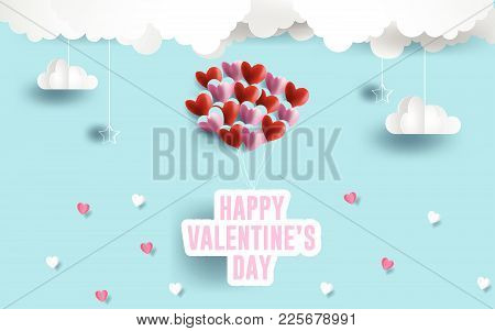 Happy Valentine's Day Vector Illustration.paper Art Pink And Red Hearts Balloons. Paper Clouds In Bl