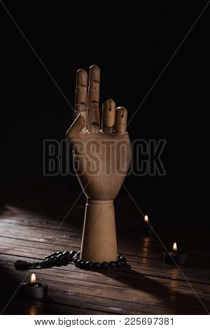 View Of Wooden Hand With Prana Mudra Gesture