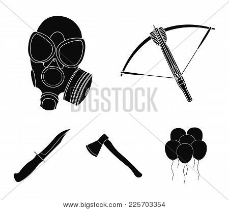 Crossbow, Gas Mask, Ax, Combat Knife. Weapons Set Collection Icons In Black Style Vector Symbol Stoc