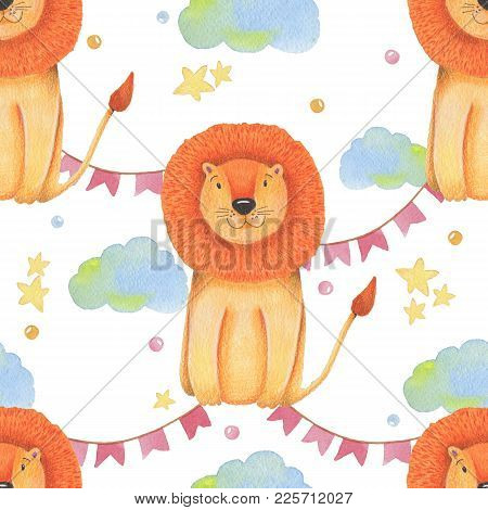 Watercolor Pattern Animal Cute Lion On A White Background, Star, Garland, Clouds. Hand Draw Illustra