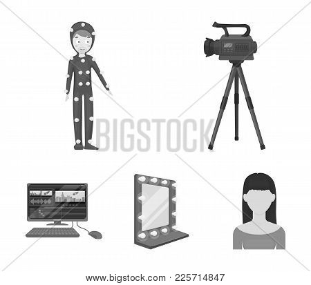 A Movie Camera, A Suit For Special Effects And Other Equipment. Making Movies Set Collection Icons I