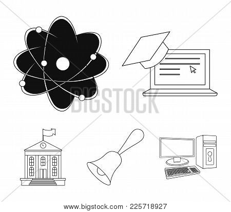 Computer, Cap, Atom, Nucleus, Bell, University Building. School Set Collection Icons In Outline Styl