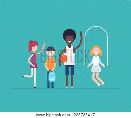 Children On Pe Lesson - Modern Flat Design Style Isolated Illustration On Blue Background. Smiling C