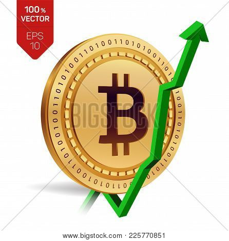 Bitcoin. Growth. Green Arrow Up. Bitcoin Index Rating Go Up On Exchange Market. Crypto Currency. 3d 