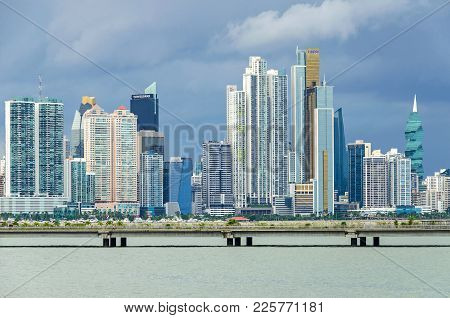 Panama City, Panama - November 3, 2017: Skyline Of Panama City On A Cloudy Day With Modern Buildings