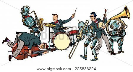 Futuristic Jazz Orchestra Of Humans And Robots, Isolated On White Background. Pop Art Retro Vector I