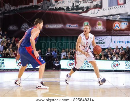 Samara, Russia - December 01: Bc Krasnye Krylia Guard Anton Ponkrashov #7 Dribbles The Ball During T