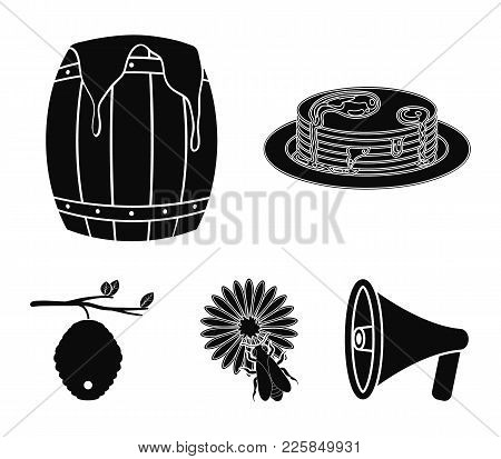 A Hive On A Branch, A Bee On A Flower, A Barrel Of Honey, A Honey Cake.apiary Set Collection Icons I