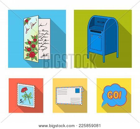 Mailbox, Congratulatory Card, Postage Stamp, Envelope.mail And Postman Set Collection Icons In Flat 