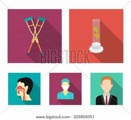 Plant In Vitro, Crutches, Nurse, Human Respiratory System. Medicine Set Collection Icons In Flat Sty