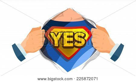 Yes Sign Vector. Superhero Open Shirt With Shield Badge. Isolated Flat Comic Illustration