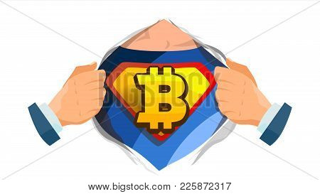Bitcoin Sign Vector. Superhero Open Shirt With Shield Badge. Mining, Technology For Currency. Isolat