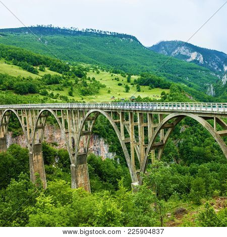 Mountain Landscape, Montenegro. Durdevica Tara Arc Bridge In The Mountains, One Of The Highest Autom