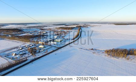 Rural Winter Landscape. Aerial View. Aerial View Of Small Village In Winter. Aerial View Of Winter S