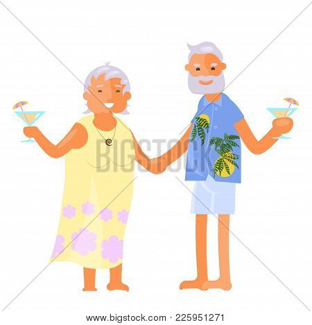 Healthy Active Lifestyle Retiree For Grandparents. Elderly People Characters Travel.  Voyage For Gra